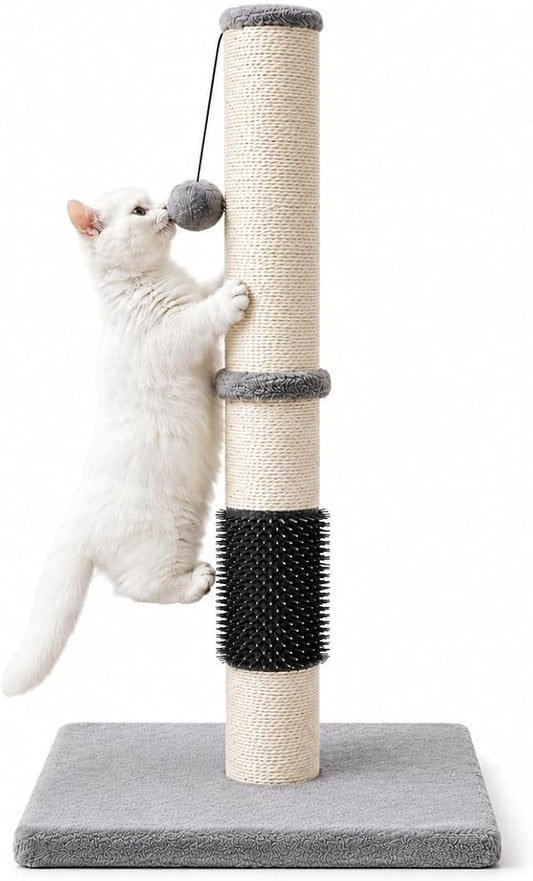 MeowHomm 32" Cat Scratching Post with Self Groomer Cat Brush, Sisal Rope Tall Cat Scratching Post with Soft Hanging Ball for Indoor Cats, Cat Claw Scratcher Covered with Soft Smooth Plush