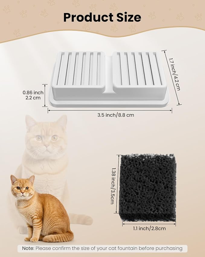 Replacement Filter for Cat Water Fountain - 6 Packs Pet Water Bowl Filters - 6 Filters & 6 Sponges Set for Stainless Steel Cats/Dog Water Dispenser - Activated Carbon & Foam Filtered Refill