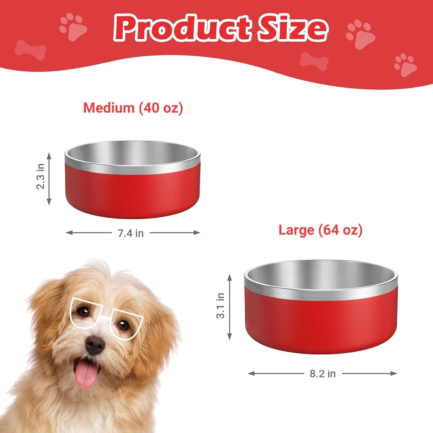 LIANLAI Dog Bowls Large Sized, Rust-Resistant Stainless Steel Dog Bowls, Non Slip Puppy Dishes, Dishwasher Safe (Red，64 oz)