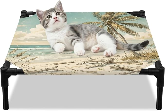 Outdoor Elevated Dog Bed for Small Dogs, Palm Trees Breathable Cooling Raised Dog Cot for Indoor/Outdoor, Beach Summer Blue Ocean Sky Natural Landscape Waterproof Elevated Pet Beds, S 20 x 20 in