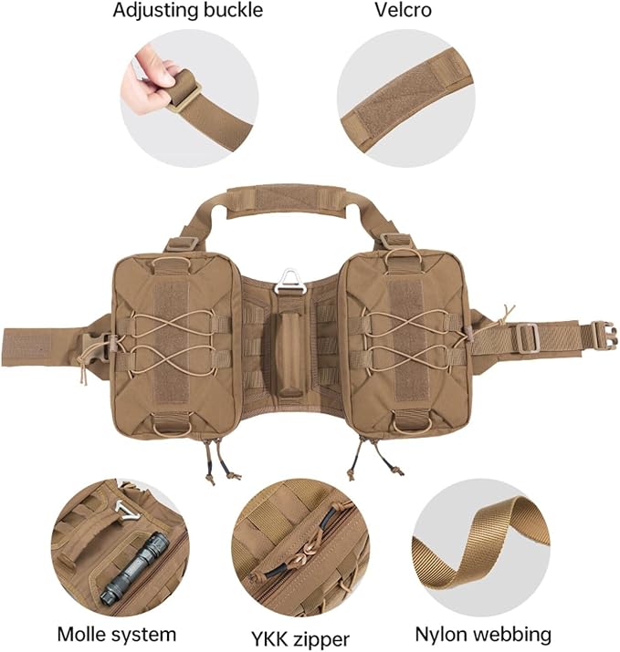 EXCELLENT ELITE SPANKER Nylon Dog Backpack with 2 Side Pockets for Hiking | Adjustable Tactical Dog Pack Hound Saddle Bag Harness for Medium & Large Dog Traveling Camping Walking Training Running