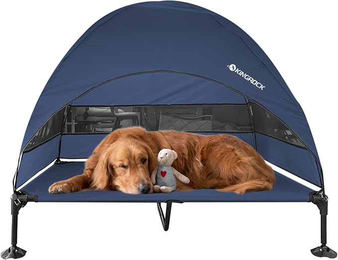 KINGROCK Elevated Dog Bed with Removable Canopy Portable Outdoor Pet Cot Waterproof 600D Oxford Fabric Anti Slip Feet for Large Dogs Camping Beach Indoor and Outdoor Use