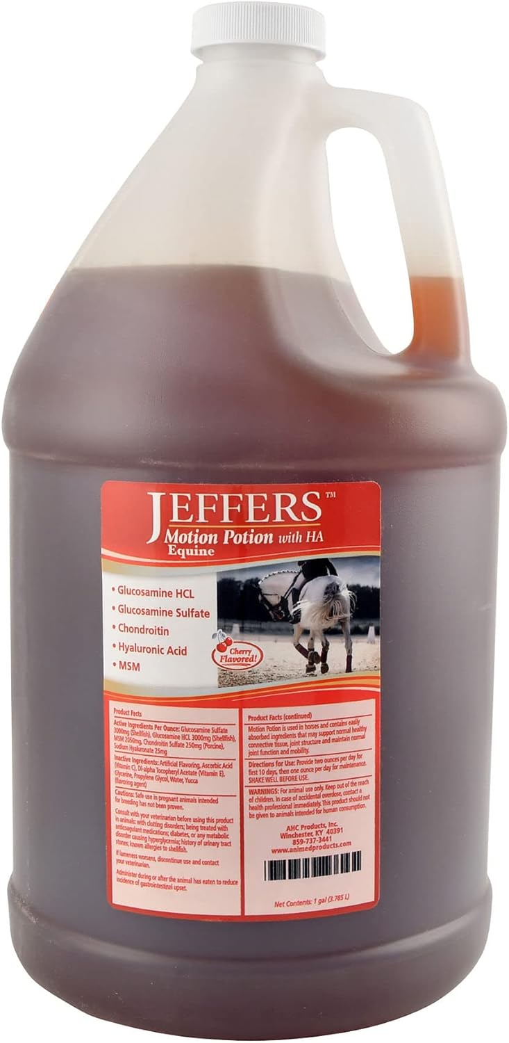 Jeffers Equine Motion Potion Liquid Horse Joint Supplement with HA, Cherry Flavor – Glucosamine, MSM, Chondroitin, Hyaluronic Acid – Mobility Support for Horses – 1 Gallon Jug – Up to 128 Serving