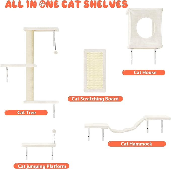 10 Pcs Cat Wall Shelves Set, Wall-Mounted Climber with Cat House, Scratching Post, Bridge, Hammock, Space-Saving Play Furniture, Beige