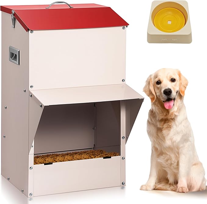 Outdoor Gravity Dog Feeder, 50 lb Large Capacity Automatic Dog Food Dispenser, Heavy Steel Weather-Resistant Pet Feeder with Clear Viewing Door, Wall or Ground Mount for Large Dogs
