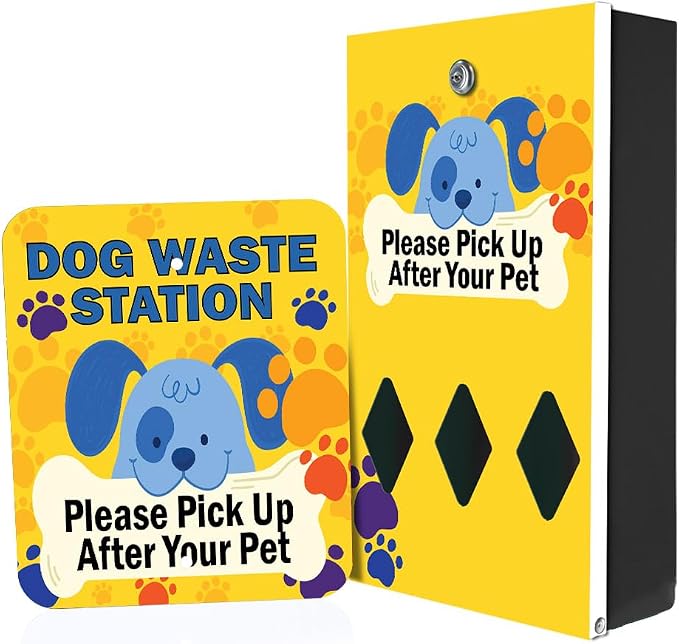 Zero Waste USA - DISPENSE-ART™ Mini Dog Waste Station - Cartoon Dogs | UV-printed aluminum bag station with 400 bags, 25% larger dispenser, installs beside existing trash cans, 10-year warranty