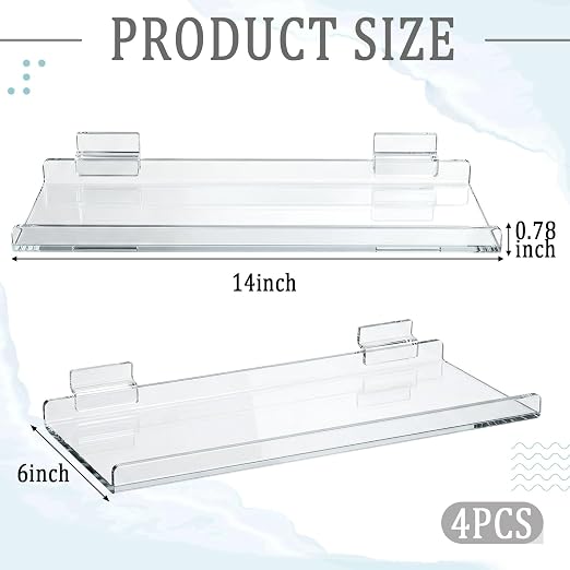 Yalikop 4 Pcs Slatwall Shelves Clear Acrylic Slatwall Shelves Organizer Wall Mounted Hanging Accessories Plastic Panel Display Shelf for Retail Store Boutique Garage Home(No Fence Style,14 x 6 Inch)