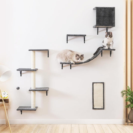 Modern Wall-Mounted Cat Furniture - 5pcs Cat Wall Shelves, Wooden Climber Includes House, Bridge, Tree, Steps, and Scratcher (Gray)
