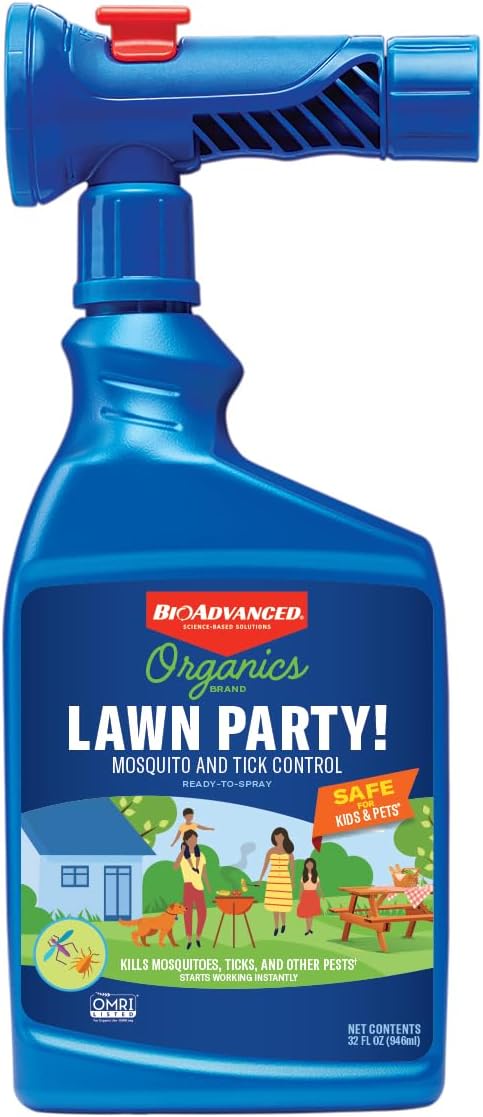 BioAdvanced Organics Brand Lawn Party! Mosquito and Tick Control - Ready to Spray - Kills Mosquitoes & Ticks - Safe for Kids & Pets - Covers Up to 5,333 Square Feet - 32 fl oz Bottle
