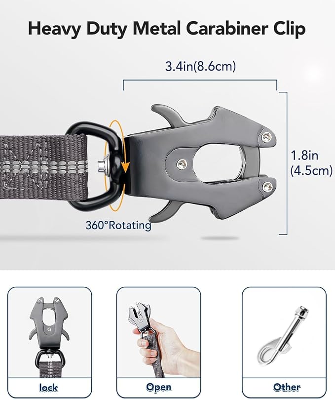 Joytale Tactical Bungee Dog Leash, Shock Absorbing No Pull, Gray | for Large Dogs That Pull, 2 Padded Handles for Control, Car Seatbelt Clip, Reflective for Night Safety, Metal Frog Clip