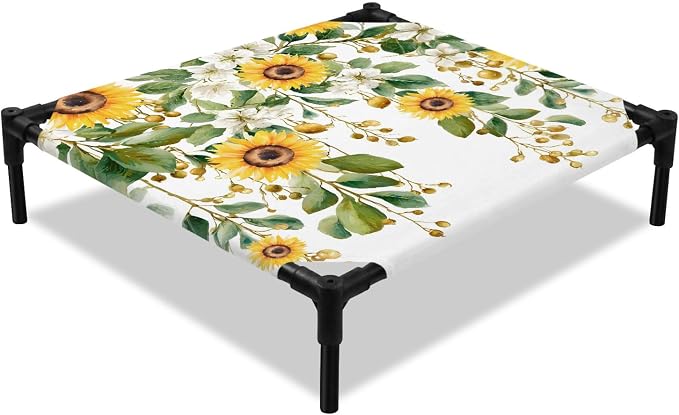 Outdoor Elevated Dog Bed for Small Dogs, Hanging Floral Breathable Cooling Raised Dog Cot for Indoor/Outdoor, Spring Botanical Sunflower Green Leaves Waterproof Elevated Pet Beds, S 20 x 20 in