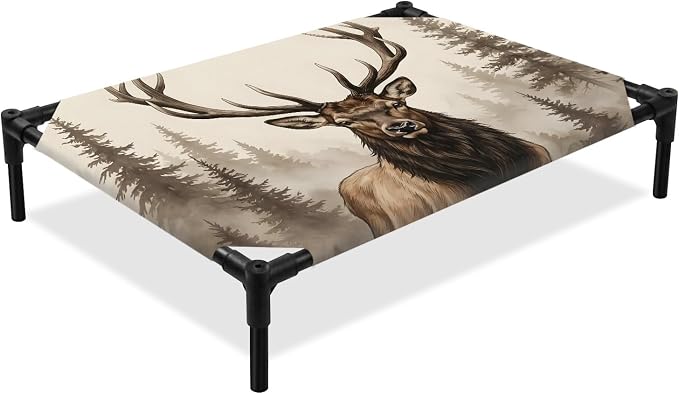 Outdoor Elevated Dog Bed for Medium Dogs, Brown Elk Breathable Cooling Raised Dog Cot for Indoor/Outdoor, Farm Pine Forest Tree Wildlife Rustic Waterproof Elevated Pet Beds, M 24 x 20 in