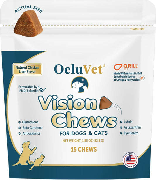 Vision Chews Eye Supplements for Dogs & Cats, Natural Chicken Flavor, Contains Omega 3, Lutein, Antioxidants, & More, Cat & Dog Eye Supplements, No Preservatives, Made in USA, 1 Bag, 15 Chews
