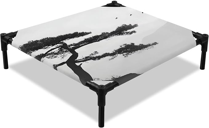 Outdoor Elevated Dog Bed for Small Dogs, Pine Trees Breathable Cooling Raised Dog Cot for Indoor/Outdoor, Modern Nature Foreset Mountains Birds Waterproof Elevated Pet Beds, S 20 x 20 in