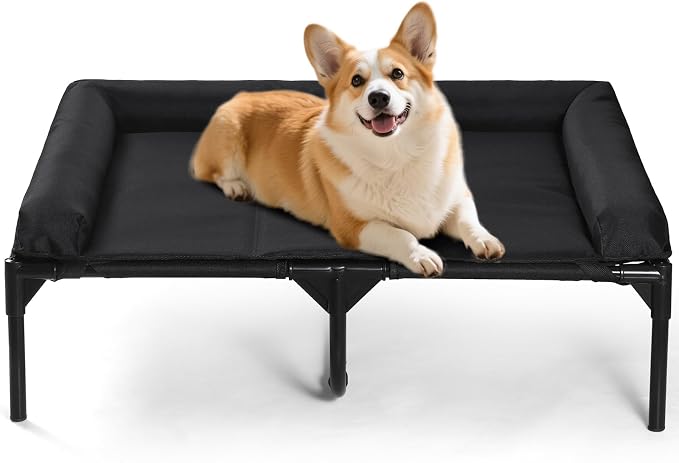 Elevated Medium Dog Bed, Waterproof Raised Dog Cot with 3-Side Bolster for Indoor Outdoor Use