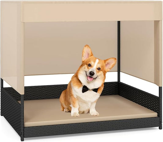 Tangkula Elevated Wicker Dog House for Small to Medium Breeds, Raised Rattan Pet Sofa Bed with Removable Cushion, Canopy Roof, Indoor & Outdoor Puppy Cat Shade Shelter for Patio, Yard, Garden