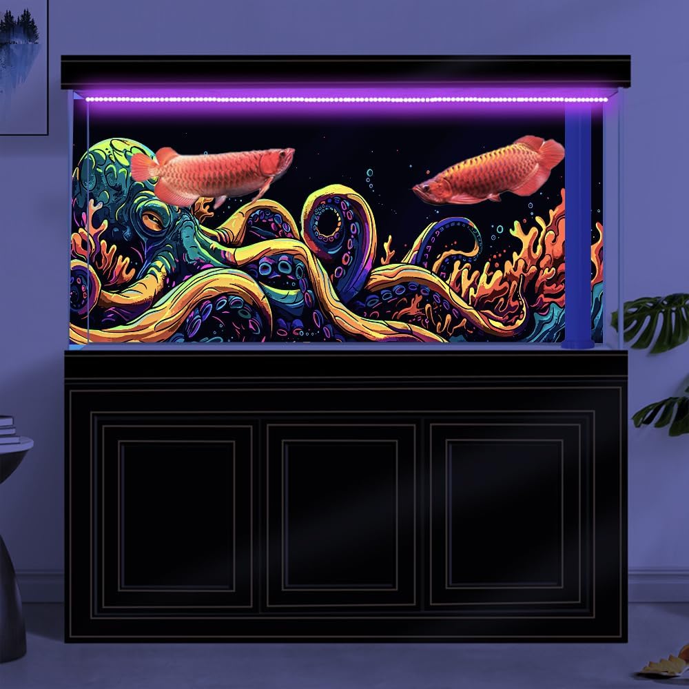 30X18IN Blacklight Octopus Sea Monster HD 3D Black Light Aquarium Background UV Reactive Background Terrarium Background with 10 EVA Double-Sided Tape