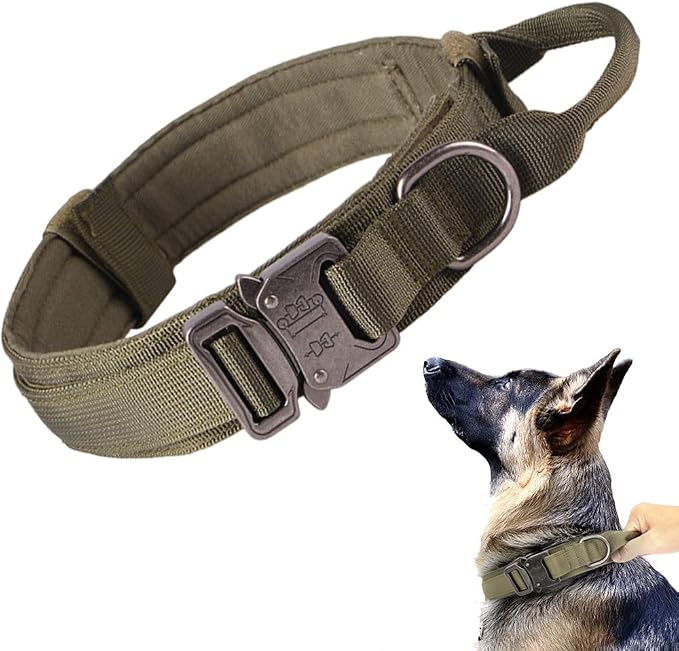 Tactical Dog Collar for Large Dogs with Control Handle,Green,XXL | 1000D Heavy-Duty Nylon Fabric，Quick-Release Metal Buckle，Soft-Padded Webbing，Velcro Patch&D-Ring for Training and Hiking