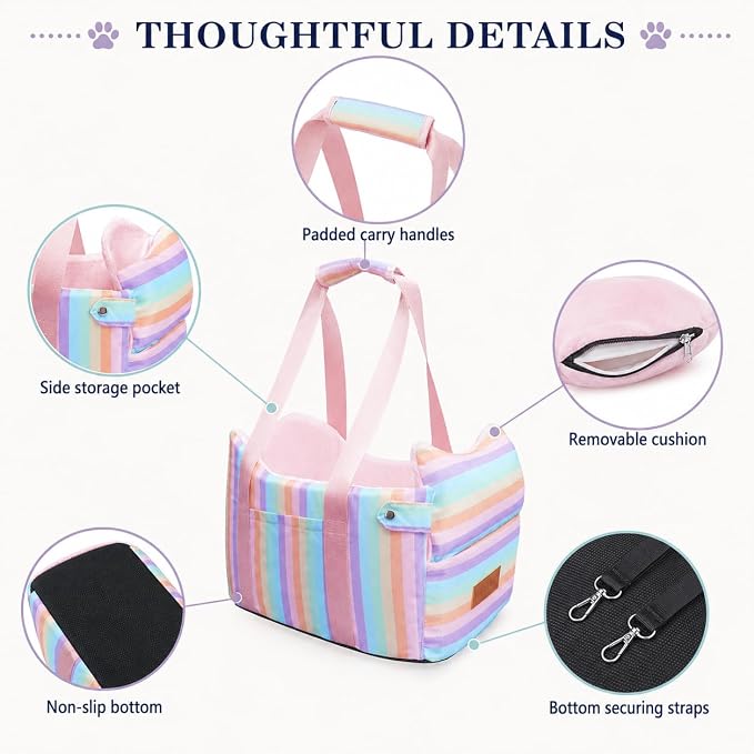 Dog Car Seat for Small Dogs 5-15 lbs, Pink Stripes | Center Console Puppy Booster and Portable Travel Bed, Anti-Collapse Design with Washable Fluffy Cushion