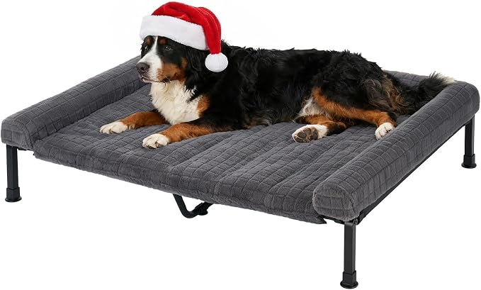 Veehoo Elevated Dog Bed with Fluffy Plush Bolster Cushion, Dog Couch Bed | Cooling Raised Dog Bed for Large Dogs, Washable Orthopedic Pet Cot with Removable Mat, Breathable Mesh, Non-Slip, 53", Grey