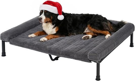 Veehoo Elevated Dog Bed with Fluffy Plush Bolster Cushion, Dog Couch Bed | Cooling Raised Dog Bed for Large Dogs, Washable Orthopedic Pet Cot with Removable Mat, Breathable Mesh, Non-Slip, 53", Grey