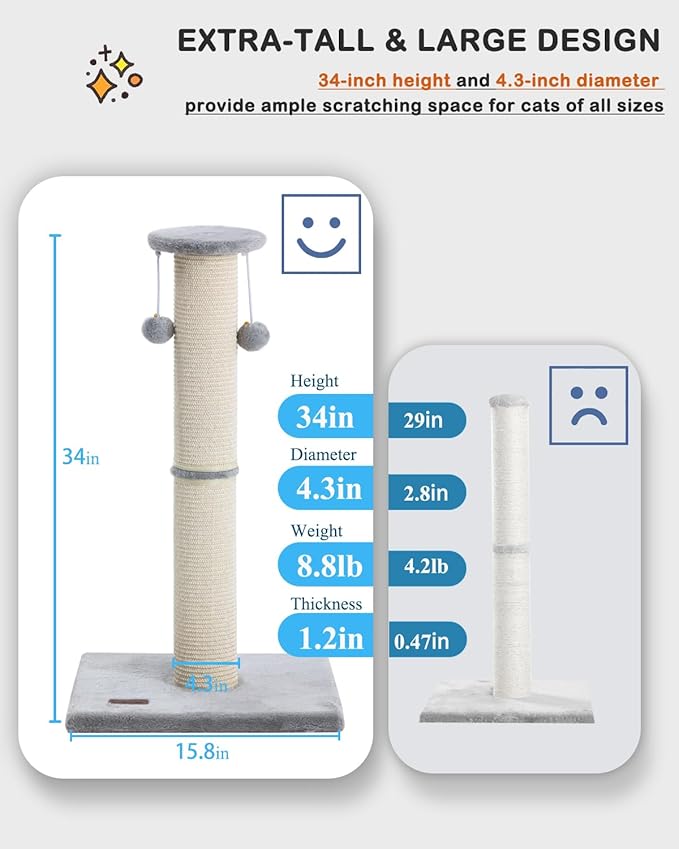 34" Cat Scratching Post 34 with Replaceable Sisal Scratcher | Tall Cat Scratch Post for Indoor Cats adults, Sturdy and Durable Large Scratching Post, Vertical Cat Post with Hanging Balls