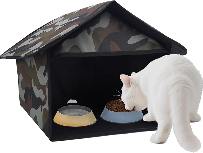Outdoor Cat Feeding Station for Food and Wate Waterproof Camouflage | Stray Cat Shelter Cat Shelter Outdoor for Cats Birds Rabbits and Small Dog The Detachable Roof Design 17in