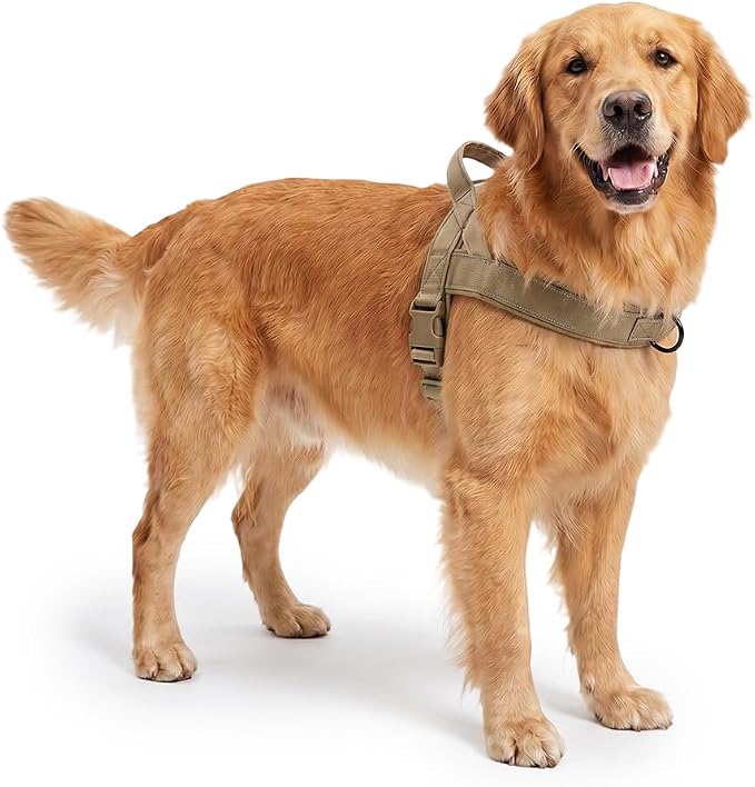 No-Pull Dog Harness with Handle, Adjustable Reflective Pet Vest Tactical Harness for Small Medium Large Dogs Walking Training, Front Clip, Escape Proof & Heavy Duty D-Ring (Khaki, L)
