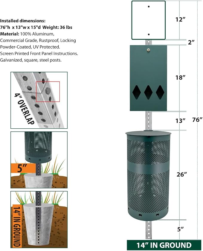 Zero Waste USA - Aluminum Dog Waste Station - Dog Park Walk | Matte Green | DISPENSE-ART™ UV-printed aluminum station, 25% larger bag storage, rust-proof commercial design for parks & properties