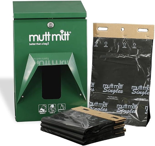 Mutt Mitt® Aluminum Dog Waste Starter Station - Gloss Green | Singles | Rust-proof aluminum dispenser, includes 400 header bags, locking hood, fits all 5" header refills, hardware included