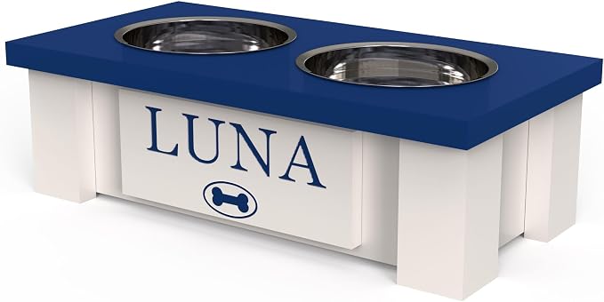 Elevated Dog Bowls for Small Dogs, Personalized Food Stand for Toy Breed | Farmhouse Style, Elevated Wood Stand, Storage Container, Stainless Steel Bowls, Raised Anti-Slip Feeder, Made in USA