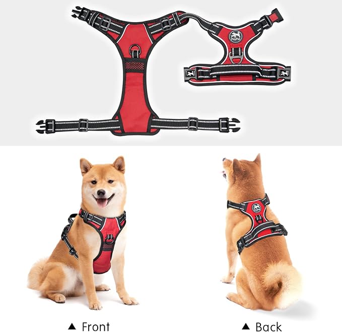 PoyPet No Pull Dog Harness Medium with Front Clip & Neck Release Buckle | No Choke, Adjustable Vest, Reflective, Back Clip, Lockable, Soft Padded, Easy Control Handle for Walking Training, M, Red