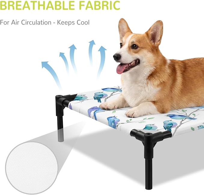 Outdoor Elevated Dog Bed for Medium Dogs, Cute Birds Ombre Blue Breathable Cooling Raised Dog Cot for Indoor/Outdoor, Spring Country Animals Branches Waterproof Elevated Pet Beds, M 24 x 20 in