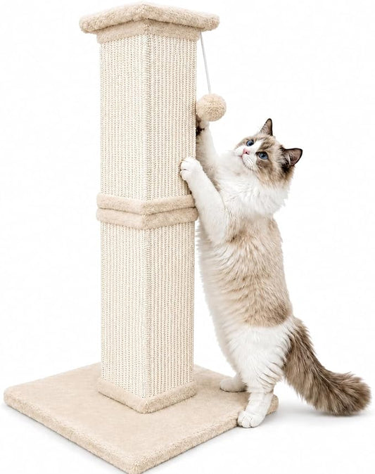 Vertical Cat Scratching Post for Indoor Cats, Sisal Scratch Tower with Soft Plush Base & Dangling Pom Ball, 32'' Tall Cat Scratcher Column for Kittens and Adult Cats, Furniture Protection, Beige