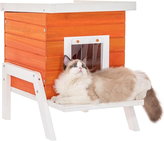 PETSFIT Outdoor Cat House Insulated - Thicken High Feet, Expanded Feeding Station, Weatherproof Durable Roof, Outside Cat House, Bunny Rabbit Hutch, Orange