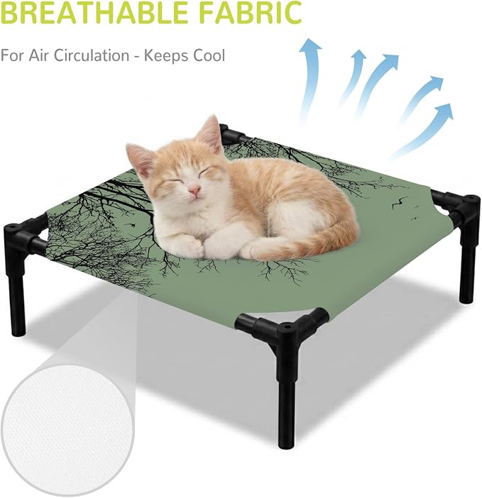 Outdoor Elevated Dog Bed for Small Dogs, Green Black Branches Breathable Cooling Raised Dog Cot for Indoor/Outdoor, Botanical Dead Tree Birds Waterproof Elevated Pet Beds, S 20 x 20 in