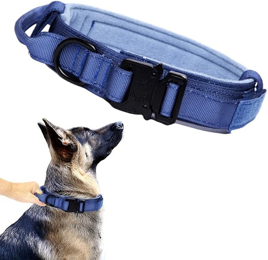 Tactical Dog Collar for Large Dogs with Control Handle,Dark Blue,M | 1000D Heavy-Duty Nylon Fabric,Quick-Release Metal Buckle,Adjustable Fit,Soft-Padded Webbing,D-Ring,for Training & Hiking