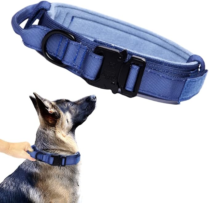 Tactical Dog Collar Adjustable Military Nylon Dog Collar with Control Handle and Heavy Duty Metal Buckle for Medium and Large Dogs (Dark Blue,XL) | 1000D Heavy-Duty Nylon Fabric,Quick-Release Metal Buckle,Adjustable Fit,Soft-Padded Webbing,D-Ring,for T...