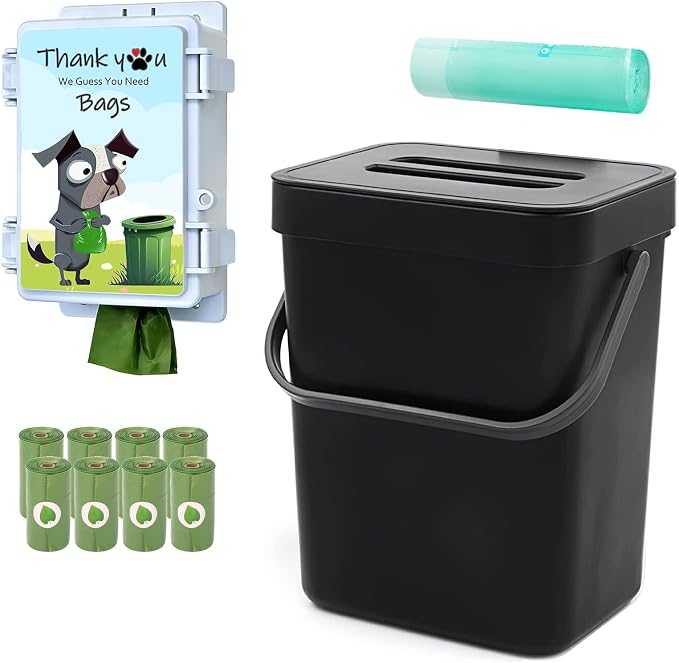 Dog Waste Station for Home Outdoor or Indoor Poop Bag Dispenser Wall Mountable Waste Basket, 120 Count Pickup Bags 15 Trash Bags (Small Bucket + Dispenser + Bags)