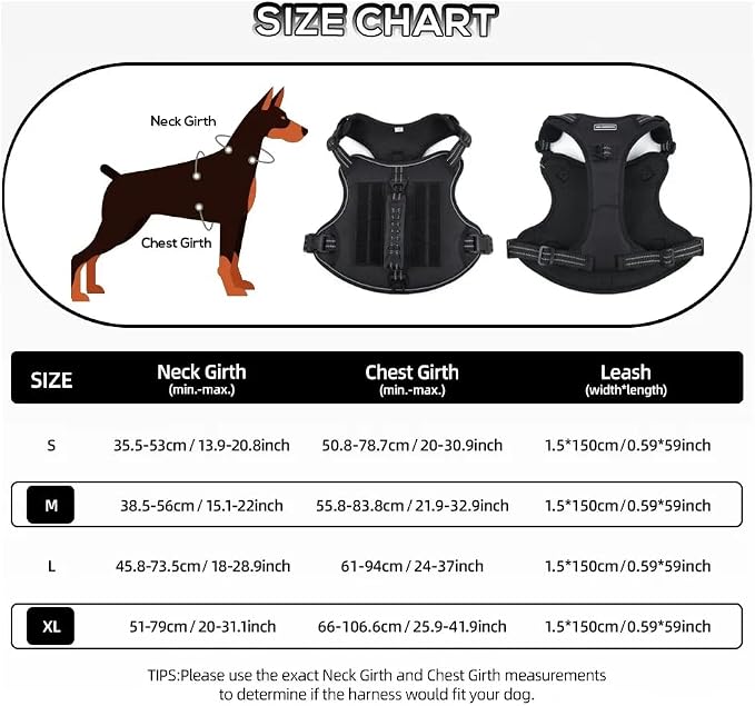 Tactical Dog Harness with Leash for Large Dogs, No Pull Adjustable Dog Harness, Reflective K9 Working Pet Vest for Walking, Training (Black, S)