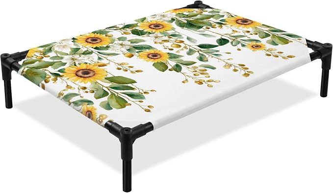 Outdoor Elevated Dog Bed for Medium Dogs, Hanging Floral Breathable Cooling Raised Dog Cot for Indoor/Outdoor, Spring Botanical Sunflower Green Leaves Waterproof Elevated Pet Beds, M 24 x 20 in