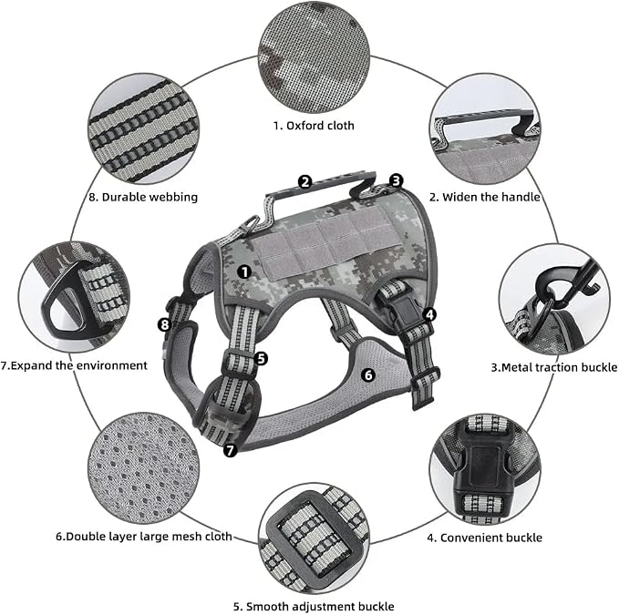 Tactical Dog Harness with Leash for Large Dogs, No Pull Adjustable Dog Harness, Reflective K9 Working Pet Vest for Walking, Training (Camouflage Grey, S)