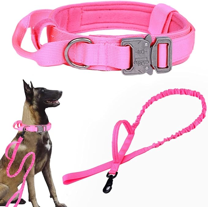 Tactical Dog Collar and Leash Set for Large Dogs with Control Handle,Pink | 1000D Heavy-Duty Nylon Fabric,Quick-Release Metal Buckle,Adjustable Fit,Soft-Padded Webbing,D-Ring,for Training & Hiking,XXL