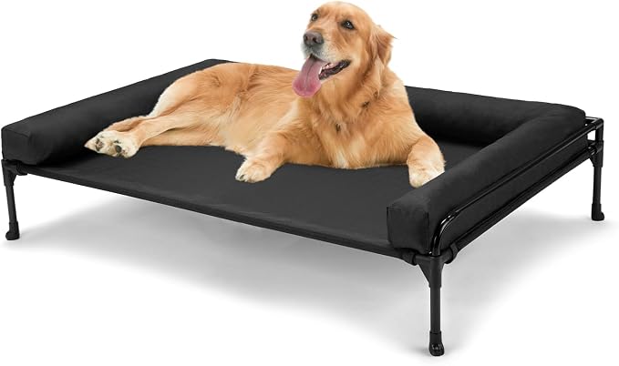 Veehoo Outdoor Elevated Dog Bed-Cooling Raised Dog Cot for Large Sized Dogs | Three-Sided Fence Raised Pet Cot with Mesh & No-Slip Feet Dog Hammock Bed with Removable Bolster-41" x 27" Black