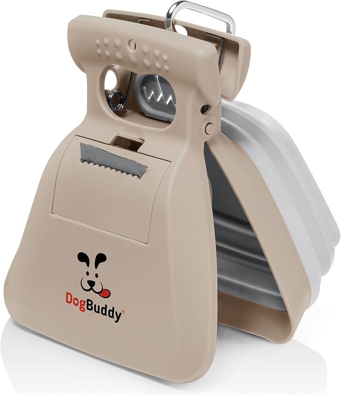 DogBuddy Pooper Scooper, Portable Dog Pooper Scooper, Poop Scooper for Small and Large Dogs, Pooper Scooper with Bag Attachment, Leash Clip and Dog Waste Bags Included (Large, Taupe)