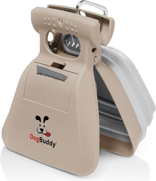 DogBuddy Pooper Scooper, Portable Dog Pooper Scooper, Poop Scooper for Small and Large Dogs, Pooper Scooper with Bag Attachment, Leash Clip and Dog Waste Bags Included (Large, Taupe)