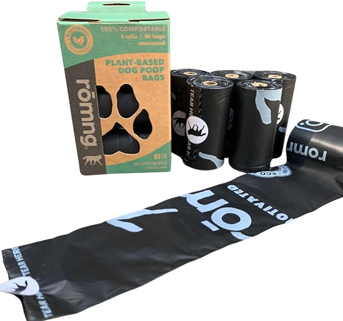 ROMNG Compostable Dog Poop Bags, Plant-Based, TUV Certified, Unscented, Leak-Proof, 6 Rolls, 90 Bags, Black