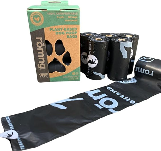 ROMNG Compostable Dog Poop Bags, Plant-Based, TUV Certified, Unscented, Leak-Proof, 12 Rolls, 180 Bags, Black