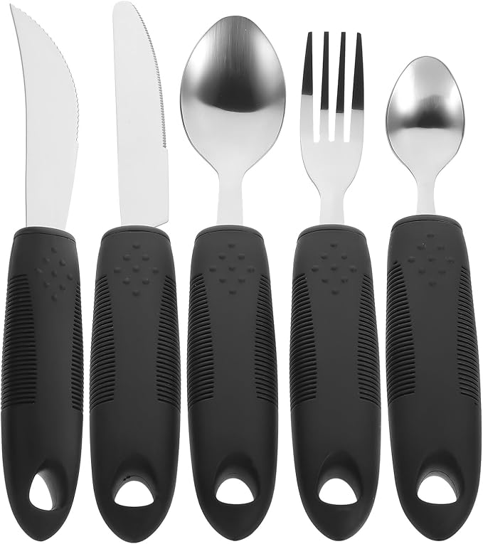 Portable Anti-Shake Tableware Set with Thick Handle Silverware Non-Slip Weighted Fork and Spoon Adaptive Utensils for Elderly and Hand Tremors Eating Aids