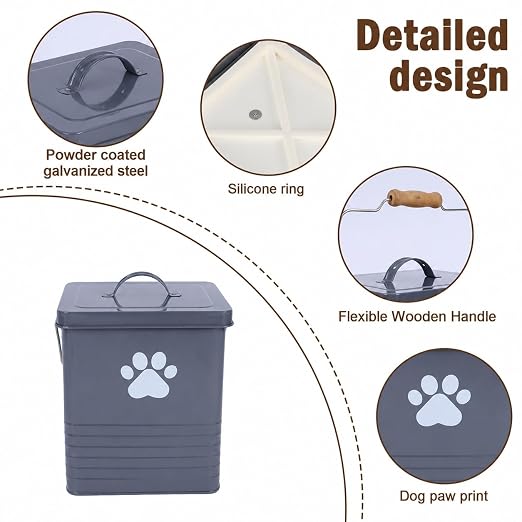 1.85Gal/7L Small Outdoor Trash Can with Lid, Metal Dog Poop Trash Can Outside, Dog Waste Container Bucket Handle(75 Trash Bags Included)-Gray